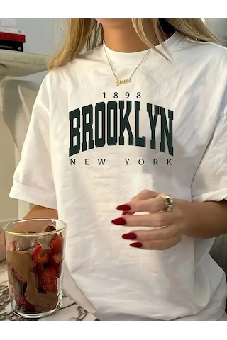 De'charme Baskılı Oversize Bisiklet Yaka T-shirt - Beyaz