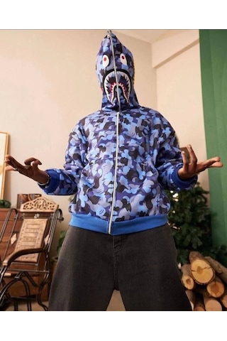 Unisex 2 İplik Bape Kapüşonu Fermuarlı Hırka - Mavi Mavi