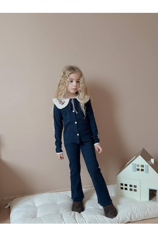Miniko Kids Kız Çocuk Yaka Dantelli Fitilli Kaşkorse Bayramlık Taytlı Takım Lacivert
