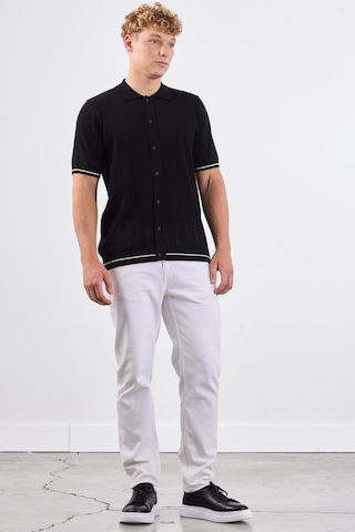 Dufy Siyah Polo Düğmeli Fitilli Kısa Kollu Slim Fit Erkek Triko Siyah