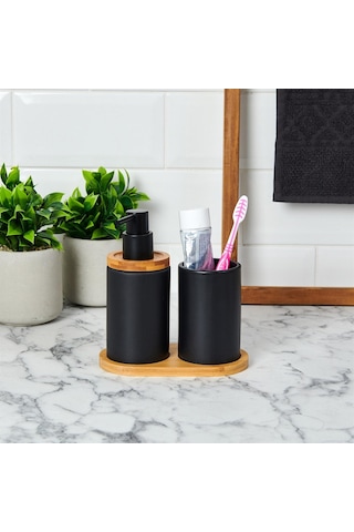 Bambu Standlı Seramik İkili Banyo Seti Gri