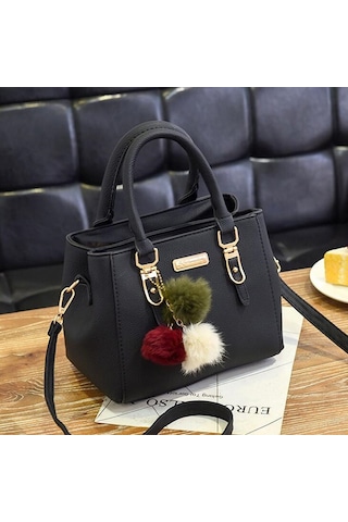Kadınlar İçin Şık Küçük Çanta, Düz Renk Çapraz Çanta, Ponpon Topu Kolye İle Zarif Üst Sap Siyah