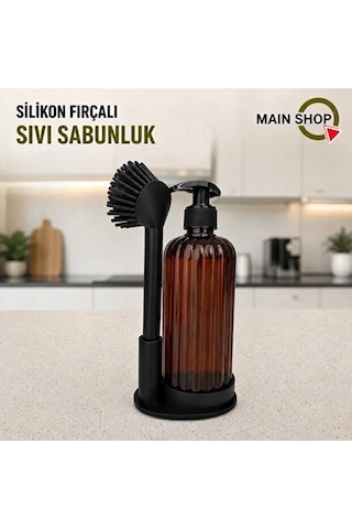 Mainshop Sıvı Sabunluk Yumuşak Silikon Fırçalı Set -bulaşık Deterjanı-çamaşır Suyu - Amber Şişe 500 Ml M-166