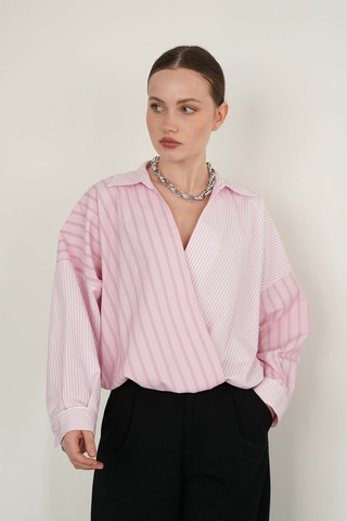 Verymoda Yakadan Etek Ucuna Capraz Dikim Gömlek F2094 Pembe Pembe