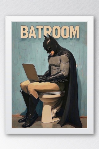 Tuvalette Laptop Kullanan Batman Çerçeveli Tablo - Wc Tuvalet İçin Tablo