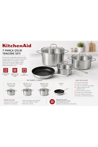 Kitchenaid 7 Parça Çelik Tencere Seti Metalik