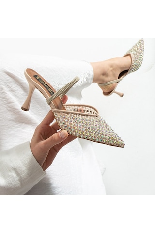 Lebibe Shoes Mına Kadın Bej File Taşlı 7 Cm Topuklu Slingback Sivri Burun Abiye Ayakkabı