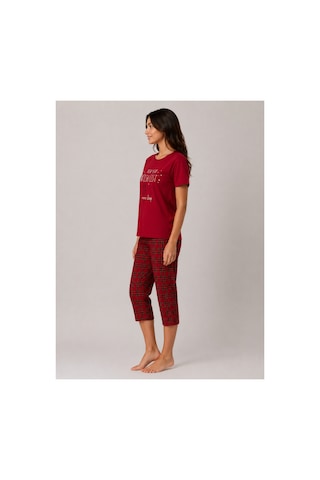 Pijamask Kadın Bordo Ekose Kapri Pijama Takımı Bisiklet Yaka Kısa Kollu Rahat Ev Giyim P100-887 Kırmızı