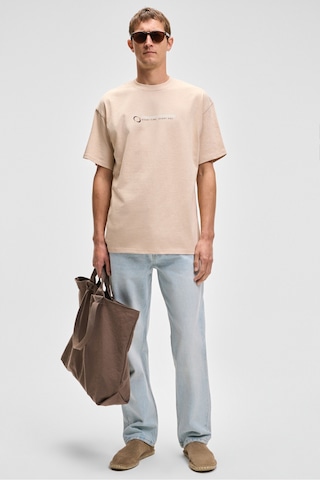 Grimelange MANOL Erkek Bisiklet Yaka %100 Organik Pamuklu Oversize Fit Bej T-Shirt