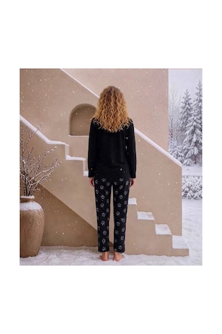Pijamoni Kadın Waffle Kumaş Önden Düğmeli Uzun Kollu Pijama Takımı Siyah