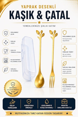Jojobebek Yaprak Tasarımlı Gold Renk Paslanmaz Çelik Kaşık ve Çatal + Saklama Kutusu Sarı