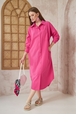 Yıldızistan Kadın Uzun Kol Poplin Cepli Oversize Günlük Spor Tunik Gömlek Elbise Fuşya Pembe 3555352