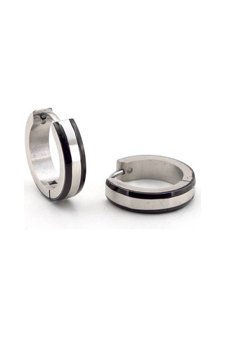 Gümüş Renk Şeritli Siyah Renk Paslanmaz Çelik Erkek Küpe E586 Gümüş