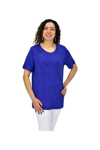 Kadın Viskon Taşlı Kısa Kol Bluz Bgl-st04679 Saks Mavi