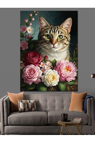 Ahşap Tablo Pembe Güller Arasında Meraklı Kedi
