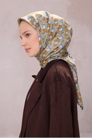 Belli Tivil Saf İpek Eşarp 4204 - 52 Füme Çiçek Desen Gri