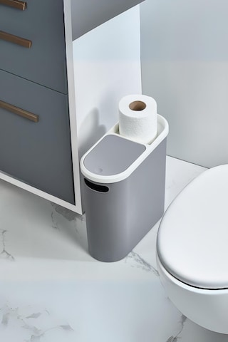 Gri Kapaklı Wc Kağıtlıklı Çöp Kovası & Ofis Çöp Kovası 10 Lt Beyaz