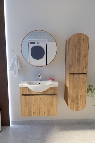 Makbulce Erciyes Havlu Dolaplı 65cm Seramik Lavabolu Mdf Oval Aynalı Banyo Dolabı Atlantik Çam