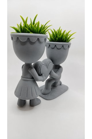 Vaveni 3d Baskı Aşk Saksısı - Kalp Tutan Çift Figürlü Dekoratif Saksı - Gri Arz