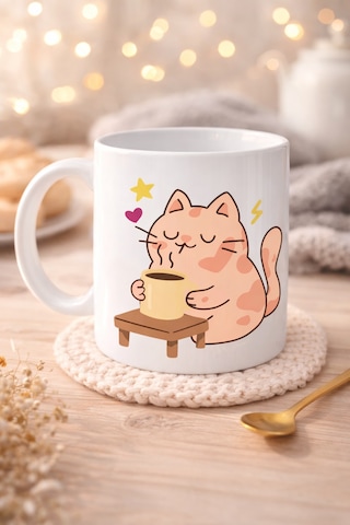 Sevimli Kedi Tasarımlı Porselen Kupa Model 196 Kahve İçen Kedi Baskılı Porselen Kahve Kupası Kedi Severle Diğer