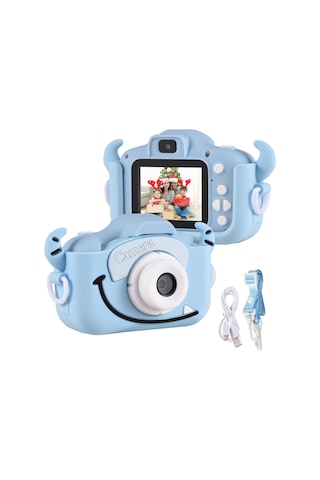 Lemestar Mavi Öküz Desenli Çocuk Dijital Kamerası - 20mp Lens, 2.0" Ips Ekran, 1080p Fotoğraf/videoyu Kaydet, Oyun Ve Müzik Özellikli, İçin Dolu Pil Mavi