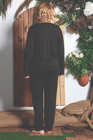 Lukitus Uzun Kol Büyük Beden Bambu Kadın Pijama Takım Siyah