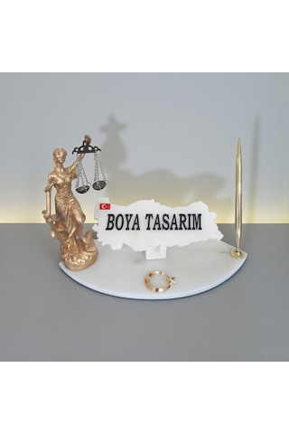 Doğal Beyaz Mermer İsimlik Sümen Takımı Kalem Ve Terazi Metal Ay Yıldızlı