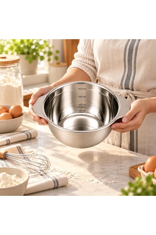 Paslanmaz Çelik 1850 Ml Ölçülü Kap 25 Cm, İç Ölçek Çizgili Büyük Boy Karıştırma Ve Hazırlık Kabı, Çift Yan Tutamaçlı Mutfak Ölçü Kabı Çok Renkli
