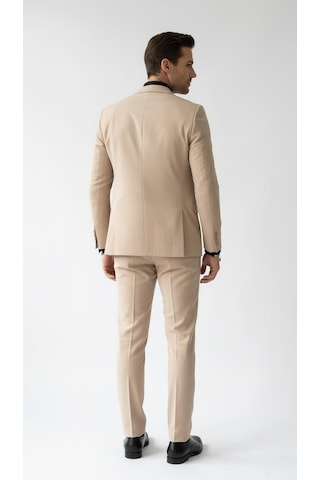 Erkek Klasik Slim Fit Armürlü Kumaş Tek Düğmeli Çift Yırtmaçlı Klasik Yaka Takım Elbise 7 Drop Bej