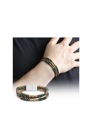 Ahşap Taşlı Sarı-Yeşil Renk Deri Ahşap Erkek Bileklik Çok Renkli