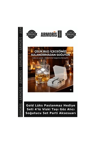 Gold Lüks Paslanmaz Hediye Seti 4'lü Viski Taşı Göz Alıcı Soğutucu Set Parti Aksesuarı Altın