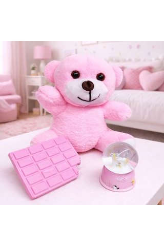 Kız Çocuğuna Doğum Günü Pembe Peluş Ayıcık, Kar Küresi Ve Pembe Çikolata Not Defteri Hediye Seti Çok Renkli