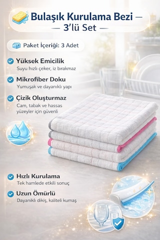 3 Adet Profosyonel Bulaşık Kurulama Bezi 40/40 Cm Diğer