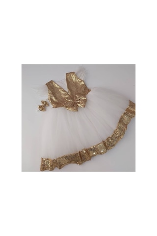 Hayy Baby Kids Wear Kız Bebek Gold Paletli Beyaz Tül Elbise