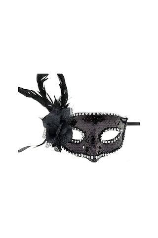 Siyah Renk Yandan Tüylü Güllü Gümüş Taşlı Pullu Maske 20x22 Cm