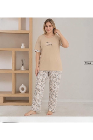 Pijamoni Kadın Milan Büyük Beden Bisiklet Yaka Kısa Kol İnce Pijama Takımı 7665/3b - 1 Adet Bej