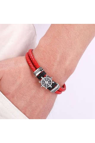 Erkekler İçin Hakiki Deri Bileklik Punk Örgülü İp Çelik Düğme Erkek Bileklik Takı Doğum Günü Hediyesi Kırmızı