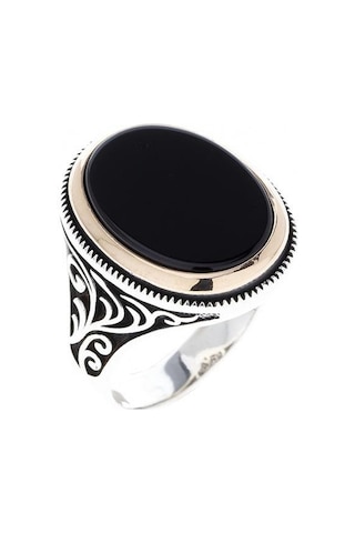 925 Ayar Gümüş Oniks Taşlı Otantik Desenli Erkek Yüzük