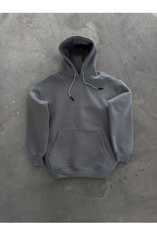 Mbb E-ticaret Kadın Kapüşonlu Kanguru Cepli 3 İplik Pamuklu Oversize Hoodie Sweatshirt - Boyalı Gri