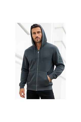 Rich Erkek Füme Kapüşonlu Kanguru Cepli Fermuarlı Sweatshirt Füme
