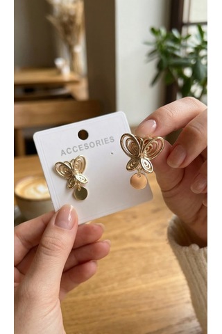 Füsun Küpesi Model Gold Renk Kelebek Model Pirinç Kadın Küpe Çok Renkli
