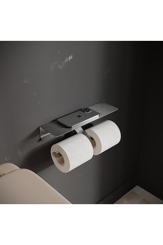 İnoks Satine Çiftli Tuvalet Kağıdı Askısı - Raflı 304 Paslanmaz Çelik - Yapışkanlı Vidasız Banyo Askısı Metalik Gri