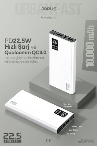 Jopus 10000mah Powerbank Pd 22.5w Hızlı Şarj - Dijital Ekranlı - Taşınabilir Şarj Cihazı Beyaz