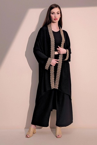 Kadın Siyah Şık Hasır Detaylı Kuşaklı Salaş Kimono - Tesettüre Uygun Siyah