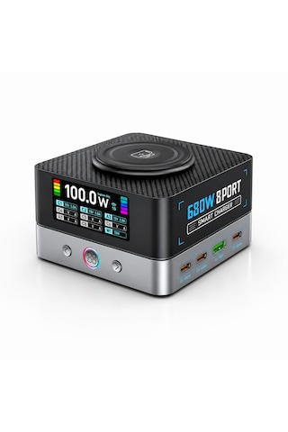 Ultratekno Wlx-r8a 680w Gan 8 Port Pd 3.1 Hızlı Şarj İstasyonu Kablosuz Şarj Destekli Usb Type-c Laptop Telefon Tablet Şarj Cihazı Siyah-Gri