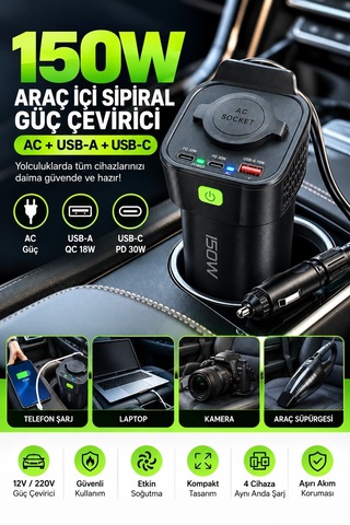 Kargo 150w Araç İçi Şarj Adaptörü 12v 220v Çakmaklık Girişli 30w Type-c 18w Usb Hızlı Şarj Najmaddin