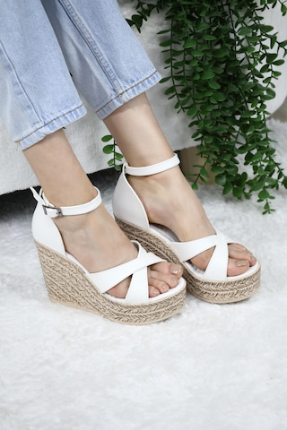 Asmi Shoes Kadın Çapraz Bantlı Dolgu Topuklu 11cm Ayakkabı Rahat Yüksek Topuklu 700 Beyaz Beyaz