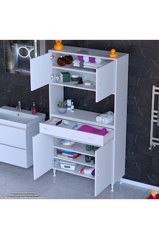Modilayn Arda Banyo Dolabı 90x173x32,5cm 1 Çekmece 4 Kapak Ve 5 Raflı İhtiyaca Uygun Kolay Kurulum Beyaz