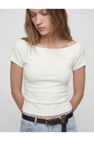Koton Pamuklu Kısa Kollu Kayık Yaka Slim Fit Tişört Ekru 6sal10650ık