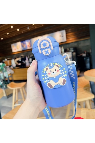 Tuomeng Karikatür Sevimli Çocuk Termos Bardak Açık Taşınabilir Öğrenci Anti-sonbahar Bebek Su Bardağı Gök Mavisi